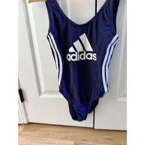 ADIDAS SWIMWEAR Logo Stripe One-Piece Swimsuit Small Blue Vintage Low Back
